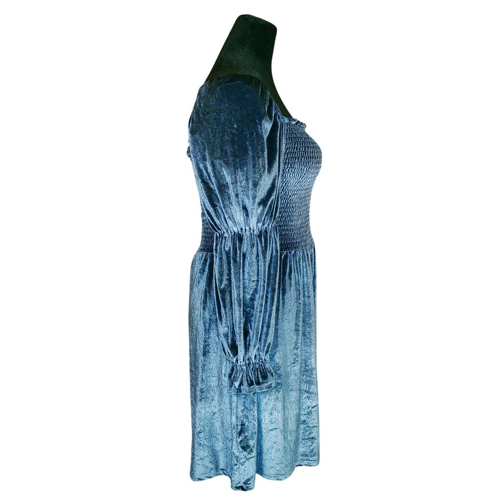 Velvet Milkmaid Smocked Square Neck Peasant Puff Sleeve Mini‎ Dress - Blue XL - Picture 2 of 11